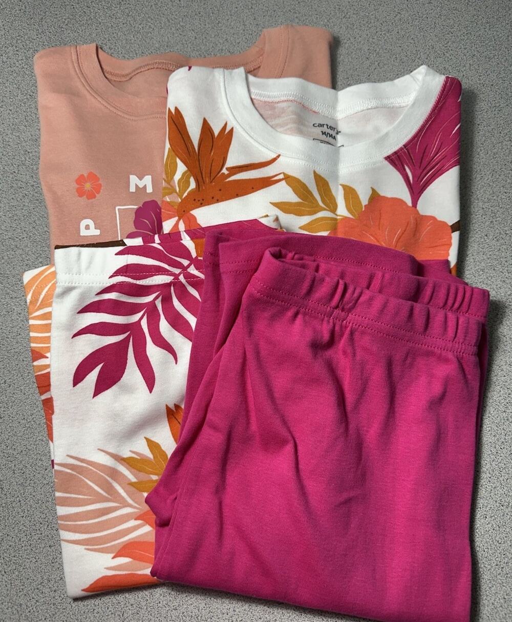 NWT Carter’s Girls Pajama Set Size 14 Floral 4 Piece Sleepwear Pink White Cotton